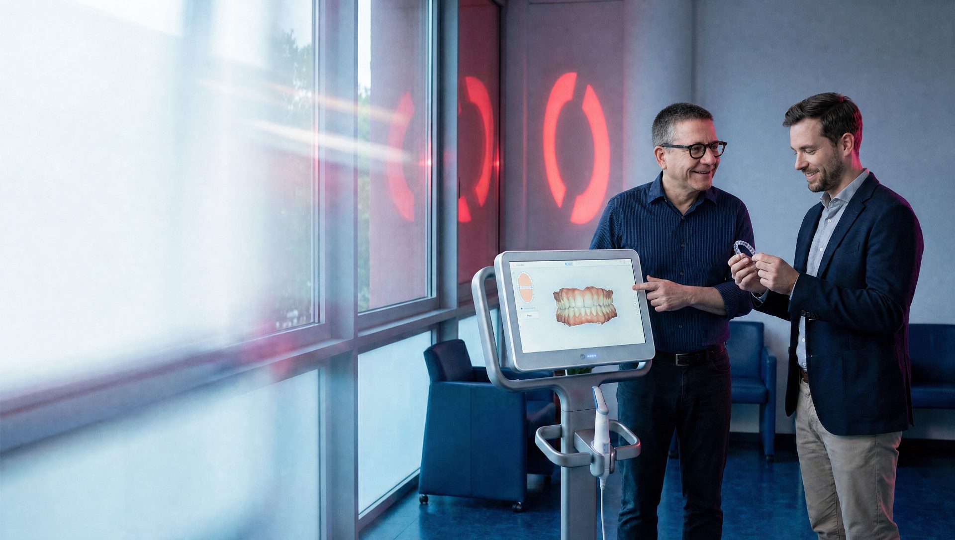 Roger Ohlhäuser bespricht mit einem Patienten den 3D-Scan für Aligner