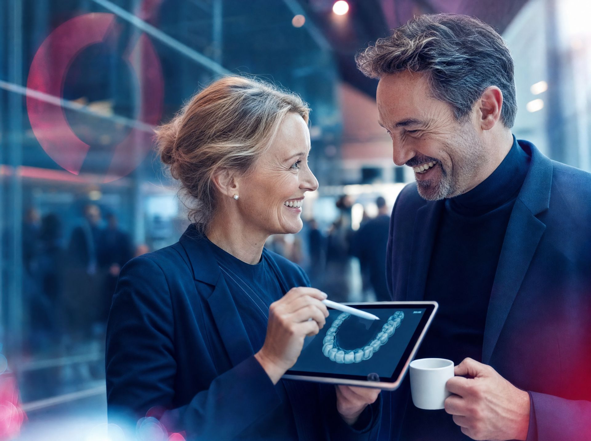 Fachlicher Austausch unter Kieferorthopädinnen und Kieferorthopäden im Foyer eines Kongresszentrums