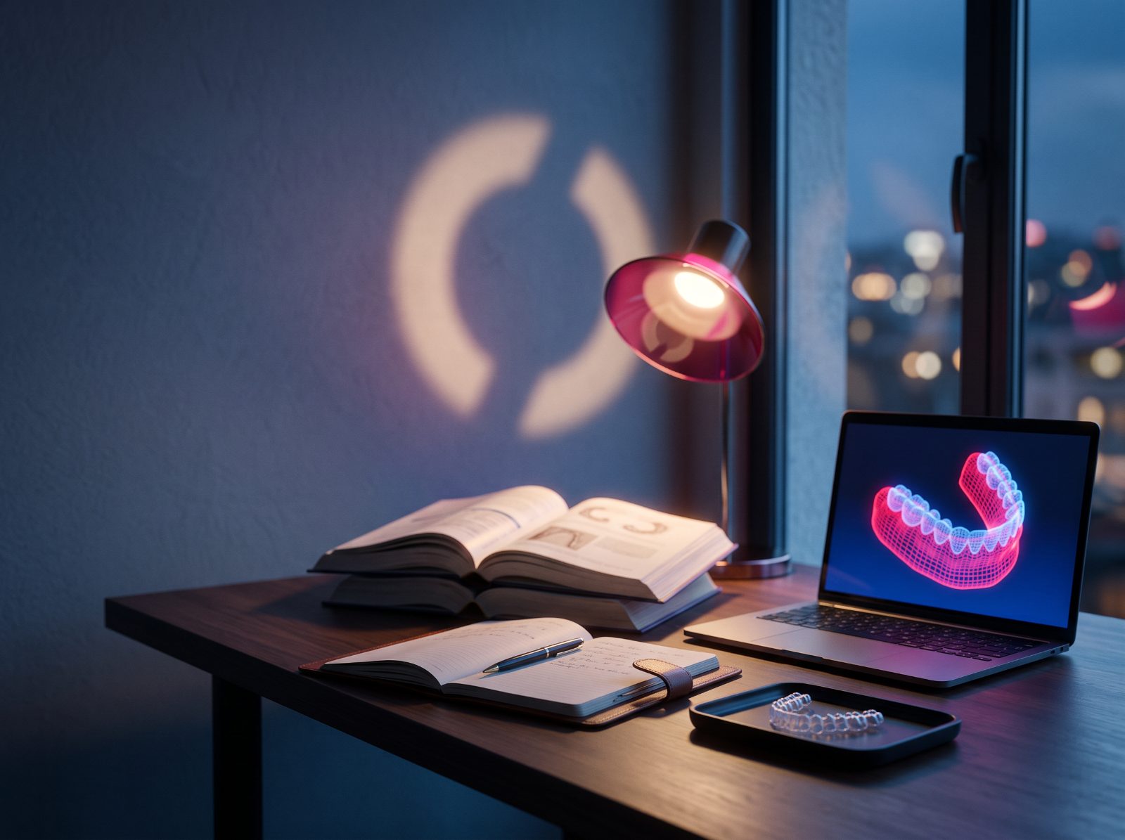Schreibtisch mit Fachbüchern, Notizbuch, Aligner und Laptop mit 3D-Kiefermodell
