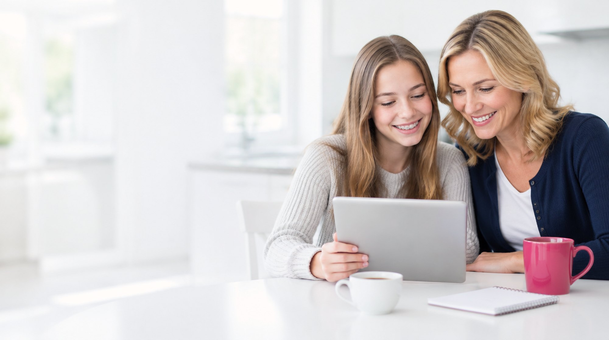 Mutter und Tochter mit Zahnspange planen gemeinsam am Tablet