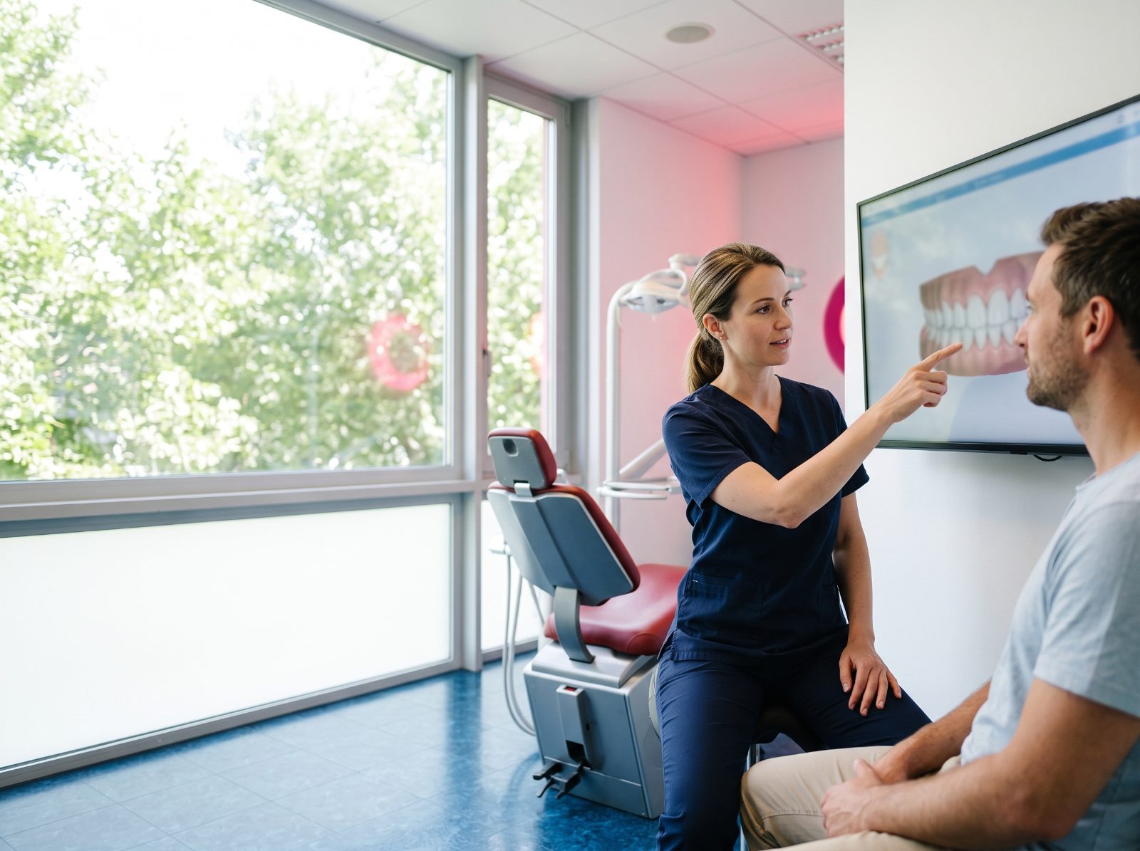 Kieferorthopädin erklärt einem Patienten die digitale 3D-Behandlungsplanung am Bildschirm